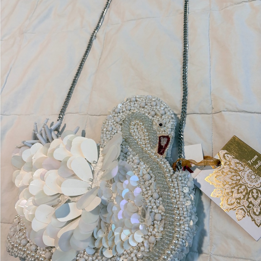 White Swan Beaded Crossbody Bag Pearl Sequin Statement Purse